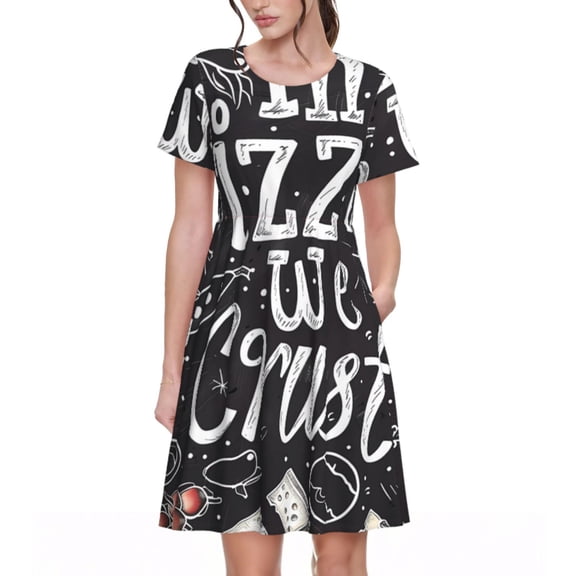 Naloa In Pizza We Crust Art Print Womens Summer A-Line Dress with Pockets,Short Sleeve Dresses,Flowy Beach Swing Dress for Vacation Travel