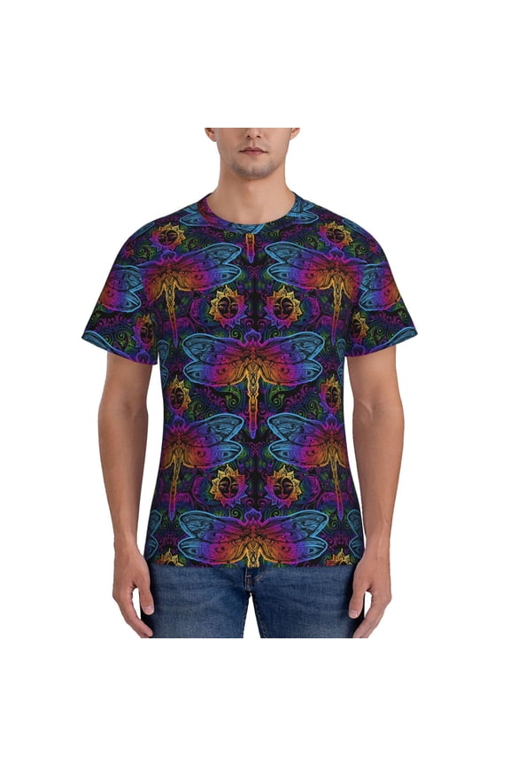 Indian Mandalas Dragonfly Men's T-Shirt Sport T-shirt Men's Basic Tee Casual Men's Shirt, Round Neck, Short Sleeves - Small