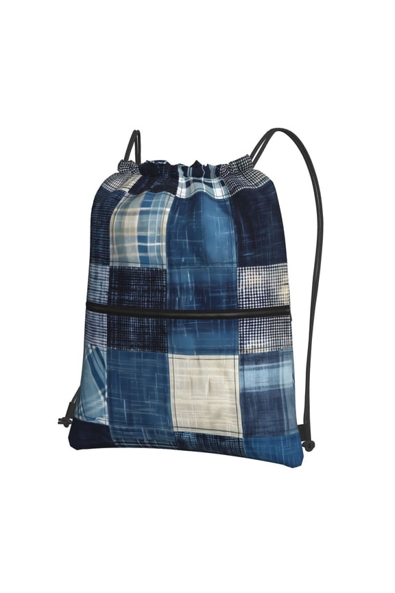 Indigo Patchwork Quilt Drawstring Backpack String Bag Cinch Water Resistant for Gym Shopping Sport Yoga