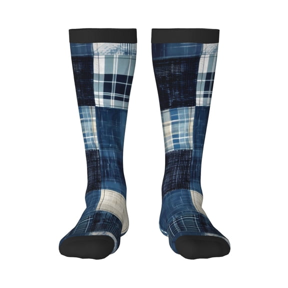 Naloa Indigo Patchwork Quilt Knee Socks, High Socks Long Stretchy Sock Women Knee High Stocking, Long Socks for Women