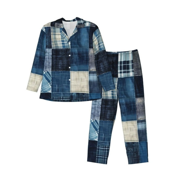 Naloa Indigo Patchwork Quilt Men’s Pajamas Set - Long Sleeve Button Down Sleep Shirt and Pajama Bottoms Sleepwear Set-XX-Large
