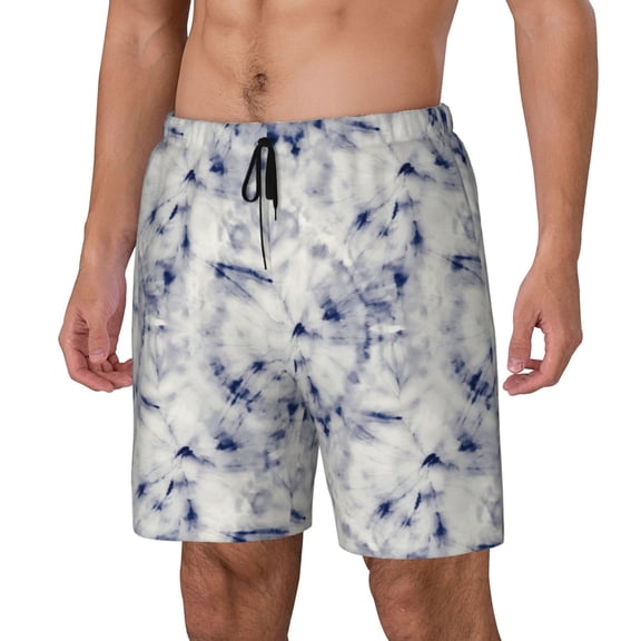 Naloa Indigo Tie Dye Print Men Swim Trunks with Compression Liner ,Board Shorts,Men's Swim Shorts with Drawstring and Elastic Waistband-Large
