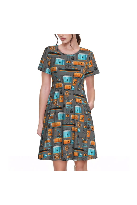 Industrial Transportation Print Womens Summer A-Line Dress with Pockets,Short Sleeve Dresses,Flowy Beach Swing Dress for Vacation Travel