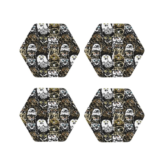 Naloa Ink Graffiti Owl Leather Coasters for Drinks, Durable Drink Coasters 4 Set for Tabletop Protection, Luxurious Home Décor and Housewarming Gift ( {designName})Hexagon