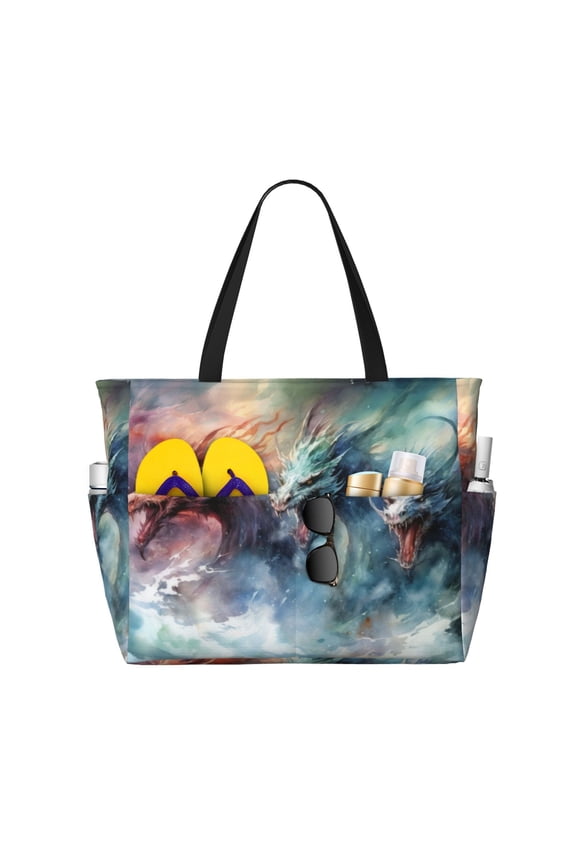 Ink Style Wave Dragon Large Capacity Beach Bag, Waterproof Sandproof Beach Swim Pool Bag Tote Bag for Women