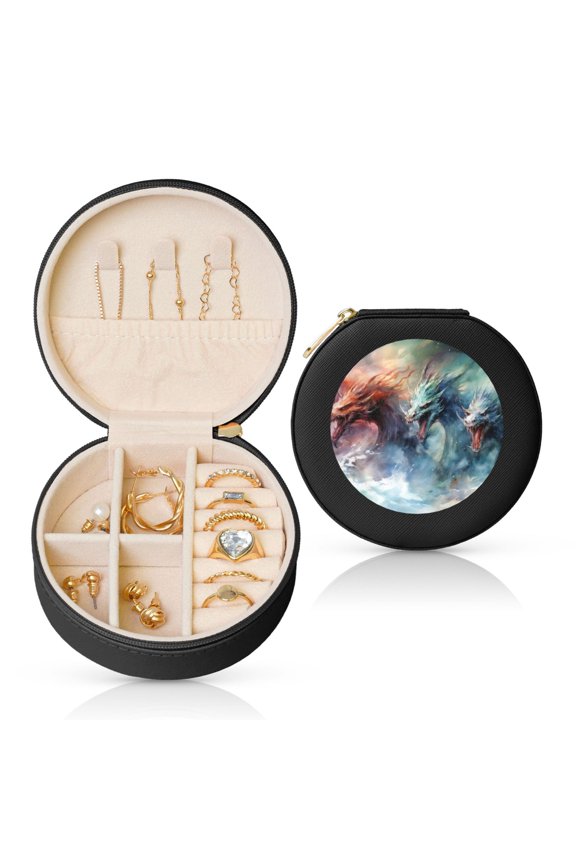 Ink Style Wave Dragon Round Jewelry Box, Travel Jewelry Organizer, 3.9 x 3.9 x 2in Jewelry Storage Box for Women-Black