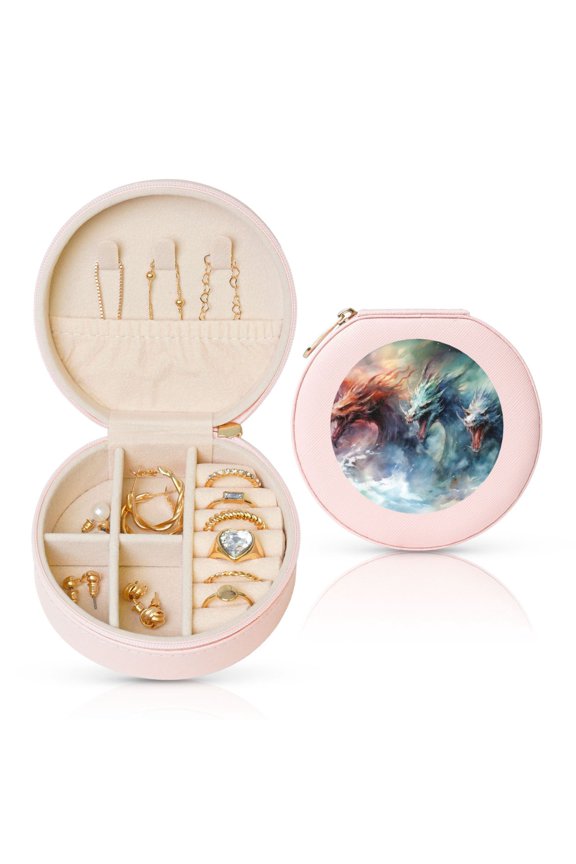 Ink Style Wave Dragon Round Jewelry Box, Travel Jewelry Organizer, 3.9 x 3.9 x 2in Jewelry Storage Box for Women-Pink