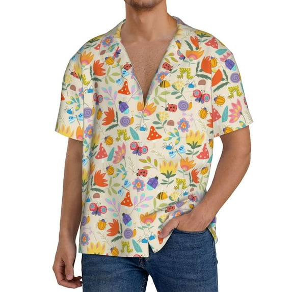 Naloa Insects In Plants Men's Loose Fit Cuban Collar Short-Sleeve Shirt, Hawaiian Shirts, Mens Shirts Casual for Everyday Wear Outings-3X-Large