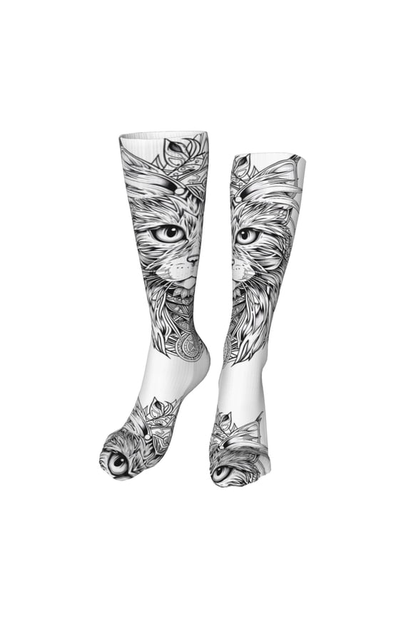 Intricate Cat Mandala High Stockings Women Thigh High Stockings Over Knee Long Stockings-One Size