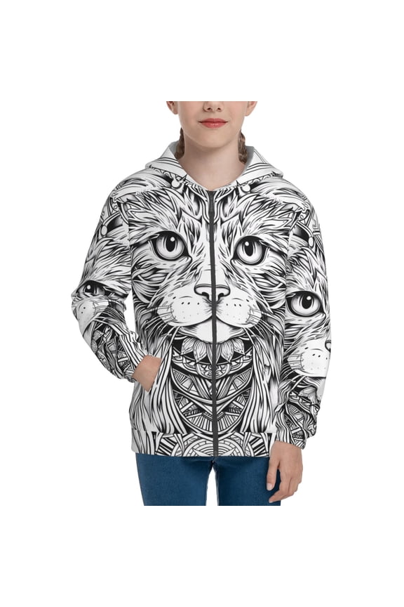 Intricate Cat Mandala Teenage Zipper Hoodie, Long Sleeve Zip Up Hoodies Casual Jackets Tops for 7-12 Years-Small