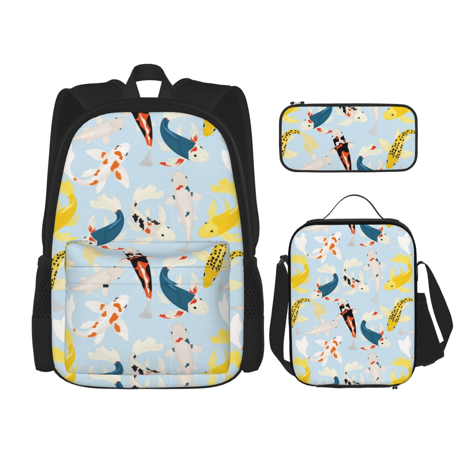 Naloa Japanese Carps Print Large Capacity Backpack Lunch Bag Pencil Case Combination 3 Piece Set for Student