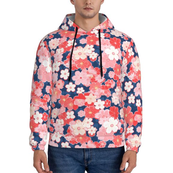 Naloa Japanese Cherry Blossoms Men's Casual Hooded Collar Drawstring Hoodies Pullover Sweatshirts Casual Long Sleeve Shirts-Large