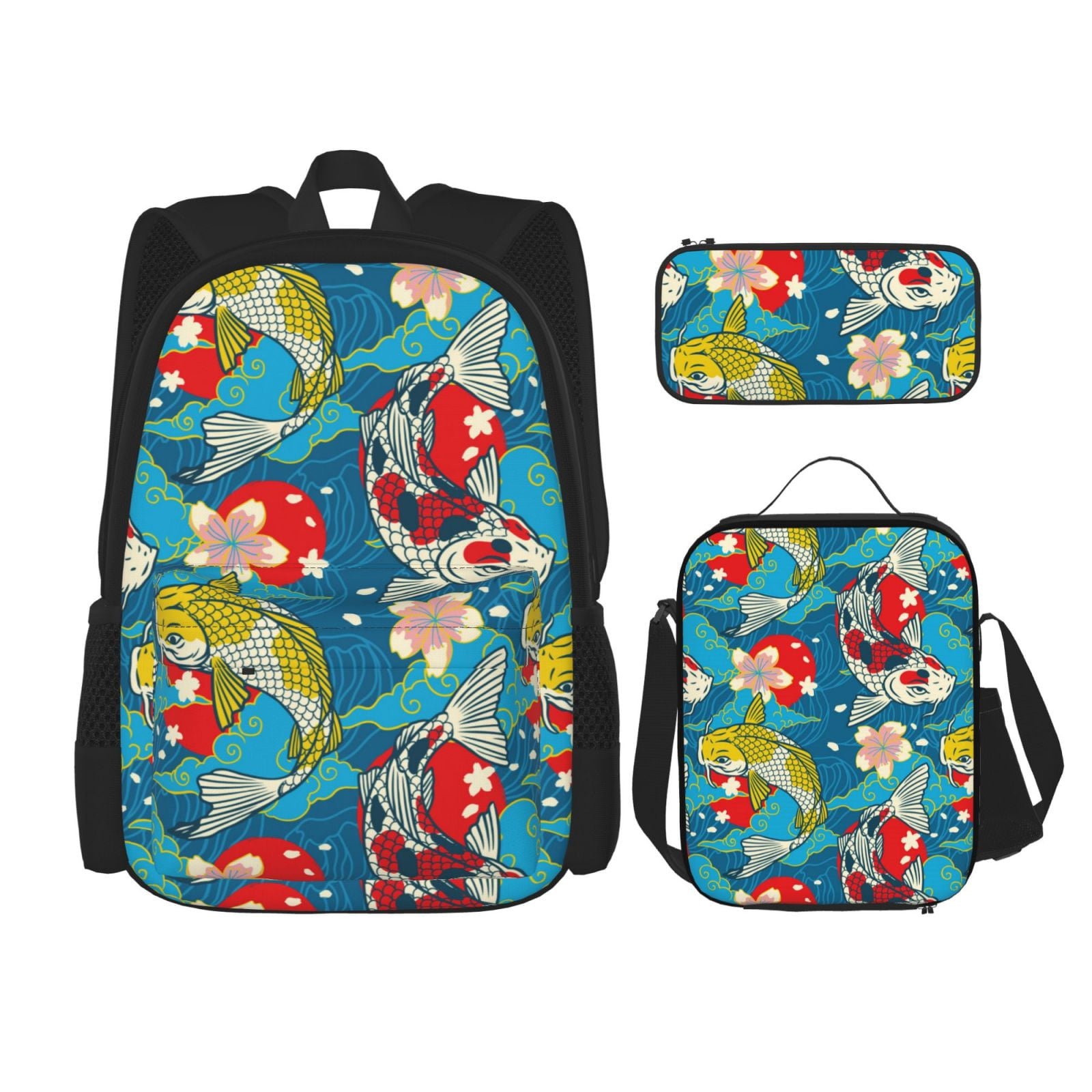 Naloa Japanese Koi Print Large Capacity Backpack Lunch Bag Pencil Case Combination 3 Piece Set for Student