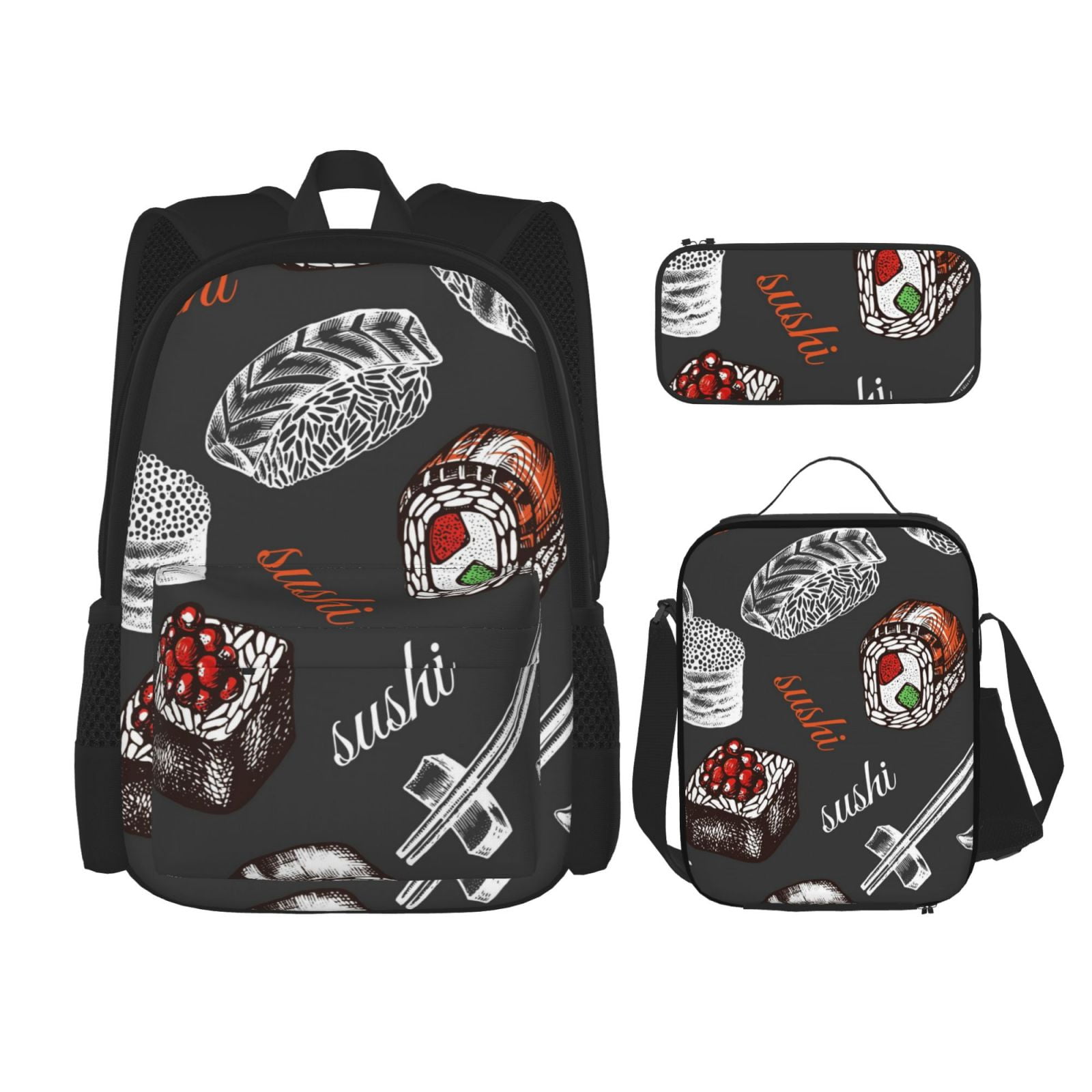 Naloa Japanese Sushi Hashi Print Large Capacity Backpack Lunch Bag Pencil Case Combination 3 Piece Set for Student