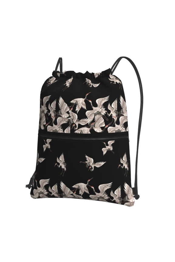 Japanese White Crane Drawstring Backpack String Bag Cinch Water Resistant for Gym Shopping Sport Yoga