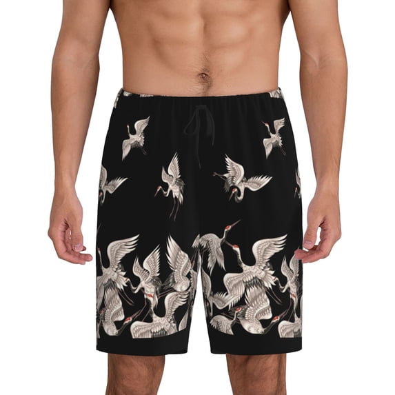 Naloa Japanese White Crane Men's Short Pajama Pants, Lounge Comfort Shorts with Elasticized Waistband and Side Pockets - Large