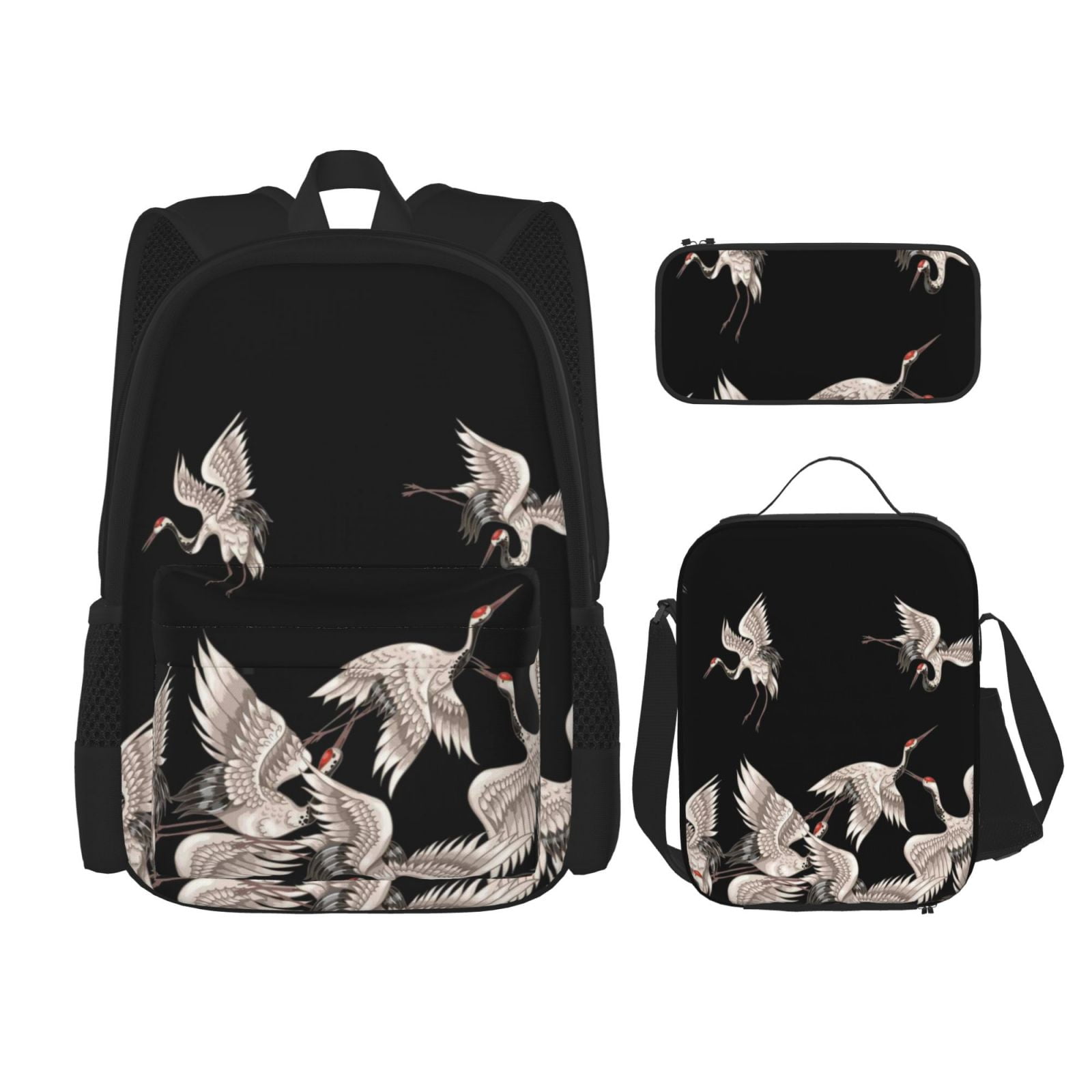 Naloa Japanese White Crane Print Large Capacity Backpack Lunch Bag Pencil Case Combination 3 Piece Set for Student