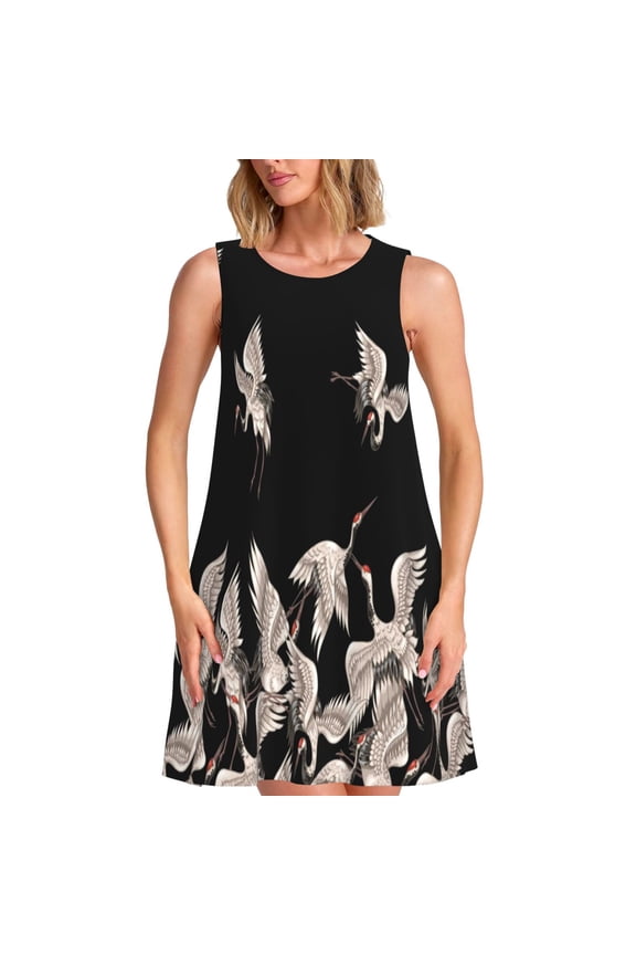 Japanese White Crane Print Women's Summer Spring Casual Beach Sundress,Vacation Sleeveless Tank Crewneck Loose Dresses