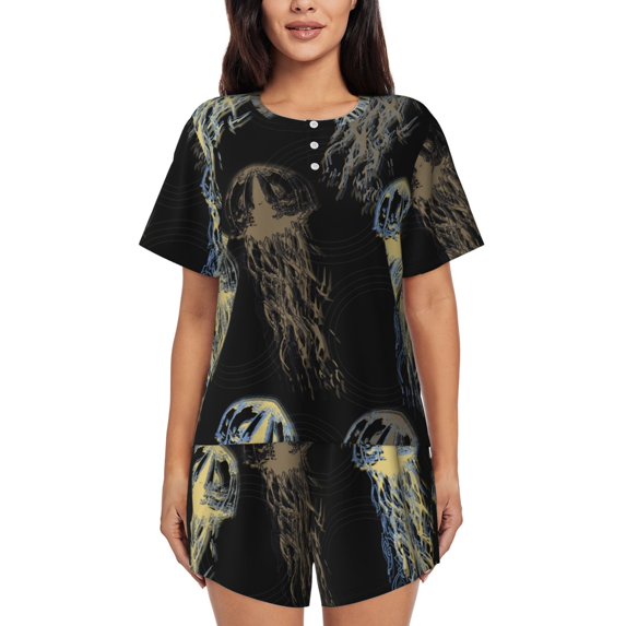 Naloa Jellyfish Women's Short-Sleeved Pajama Set, Loungewear, Summer pajamas, Breathable Cozy - Medium
