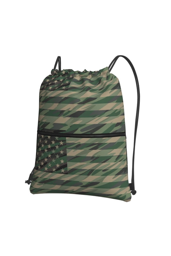 Jungle Green Camo USA Flag Drawstring Backpack String Bag Cinch Water Resistant for Gym Shopping Sport Yoga