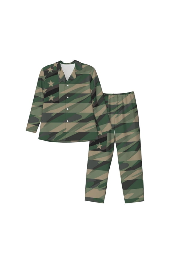 Jungle Green Camo USA Flag Men’s Pajamas Set - Long Sleeve Button Down Sleep Shirt and Pajama Bottoms Sleepwear Set-XX-Large