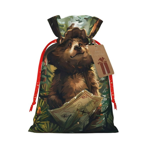 Naloa Jungle Hat Bear Drawstring Christmas Bags, 3D Xmas Gift Bags, Christmas Wrapping Bags, Xmas Goodie Bags, Treat Pouch Bags, Party Favor Bags-Small