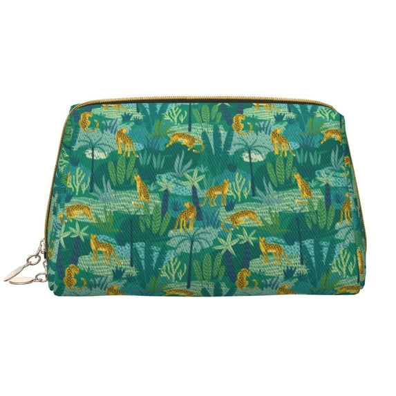 Naloa Jungle Leopard Leather Makeup Bag for Purse Travel, Portable Small Cosmetic Organizer for Women and Girls, Make up Bag with Zipper
