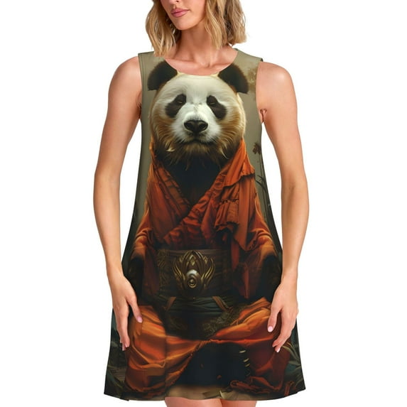 Naloa Jungle Meditating Panda Print Women's Summer Spring Casual Beach Sundress,Vacation Sleeveless Tank Crewneck Loose Dresses