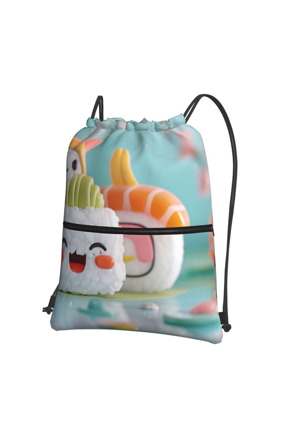 Kawaii Sushi Characters Delight Drawstring Backpack String Bag Cinch Water Resistant for Gym Shopping Sport Yoga