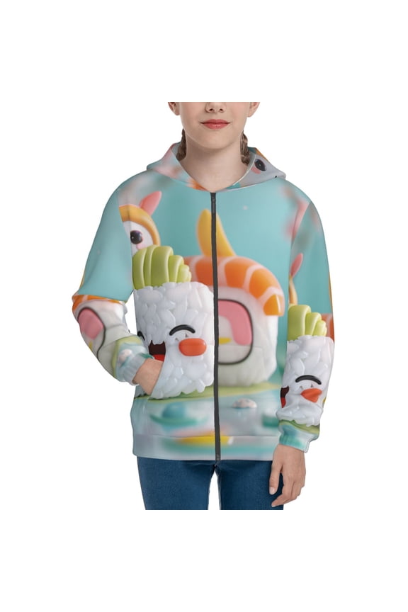 Kawaii Sushi Characters Delight Teenage Zipper Hoodie, Long Sleeve Zip Up Hoodies Casual Jackets Tops for 7-12 Years-Small