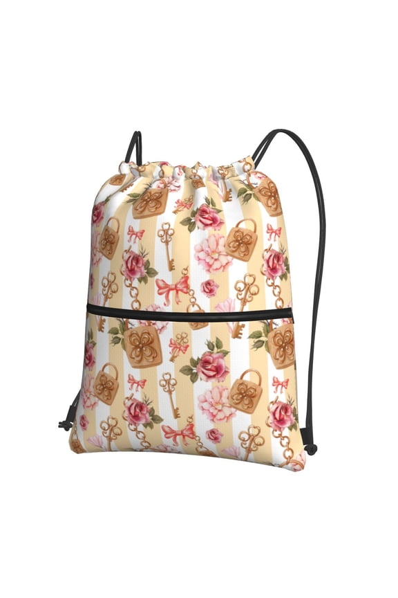 Key Lock And Flowers Drawstring Backpack String Bag Cinch Water Resistant for Gym Shopping Sport Yoga