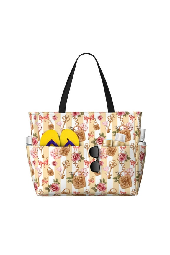 Key Lock And Flowers Large Capacity Beach Bag, Waterproof Sandproof Beach Swim Pool Bag Tote Bag for Women