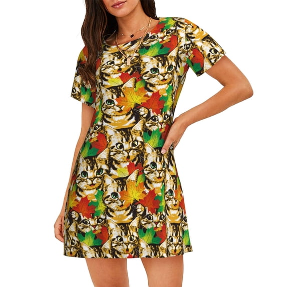 Naloa Kittens With Maple Leaves Print Women Nightgowns,Womens Loungewear,Short Sleeve Sleepwear,Comfy Ladies Nightdress