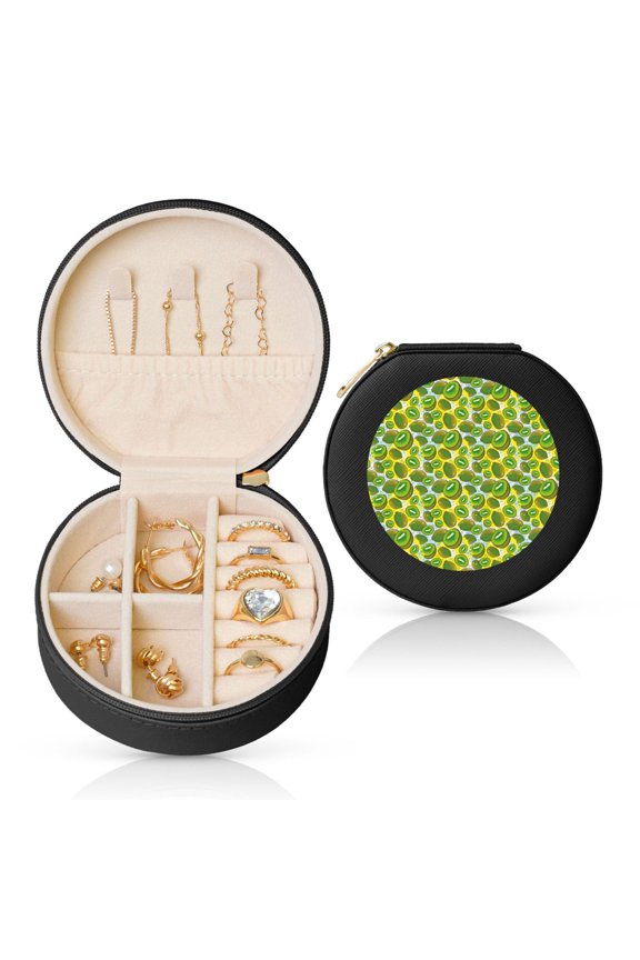 Kiwi Fruits Summer Round Jewelry Box, Travel Jewelry Organizer, 3.9 x 3.9 x 2in Jewelry Storage Box for Women-Black