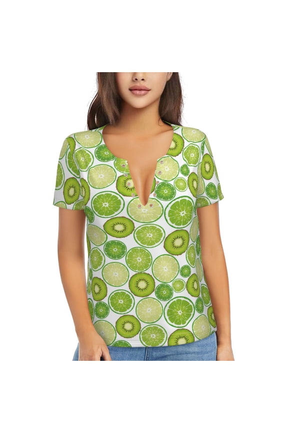 Kiwi Lemon Print T-Shirts Short Sleeve V Neck Tees for Women Fashion Tops Trendy Lightweight Soft Casual Summer Outfits Clothes