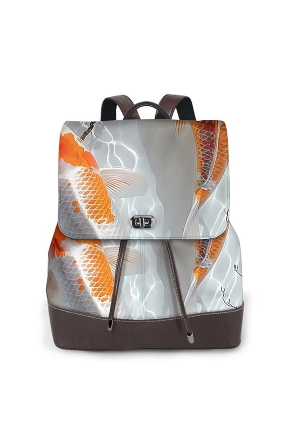 Koi Fish Water Print Women's Leather Backpack,Travel Laptop Backpack,Fashion Ladies Leather Backpack Bag for Travel,Leather Drawstring Daypack for Me
