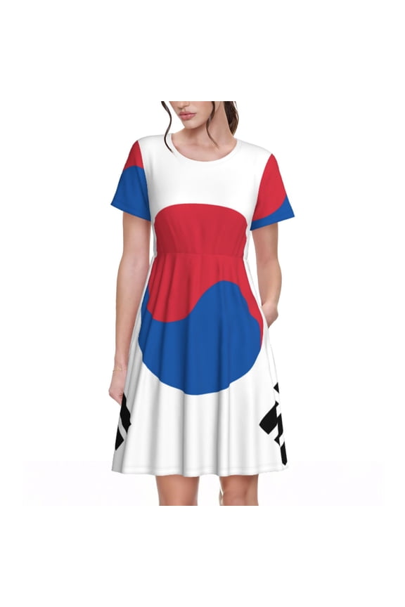 Korea Print Womens Summer A-Line Dress with Pockets,Short Sleeve Dresses,Flowy Beach Swing Dress for Vacation Travel