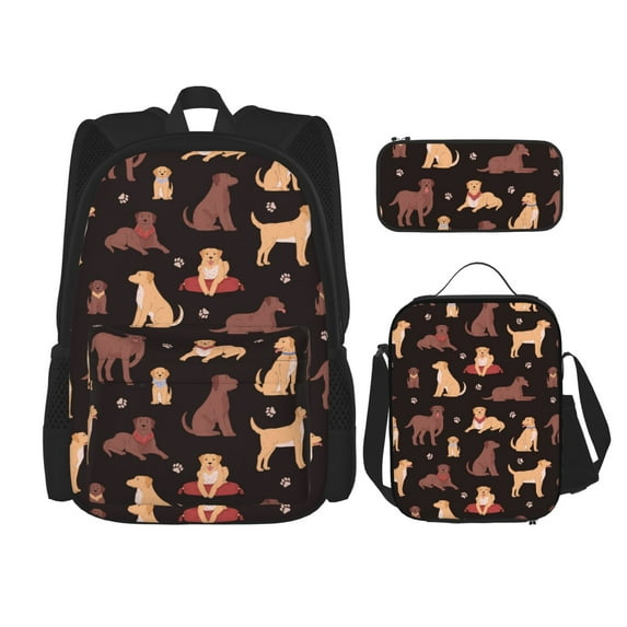 Naloa Labrador Retriever Dog Print Large Capacity Backpack Lunch Bag Pencil Case Combination 3 Piece Set for Student