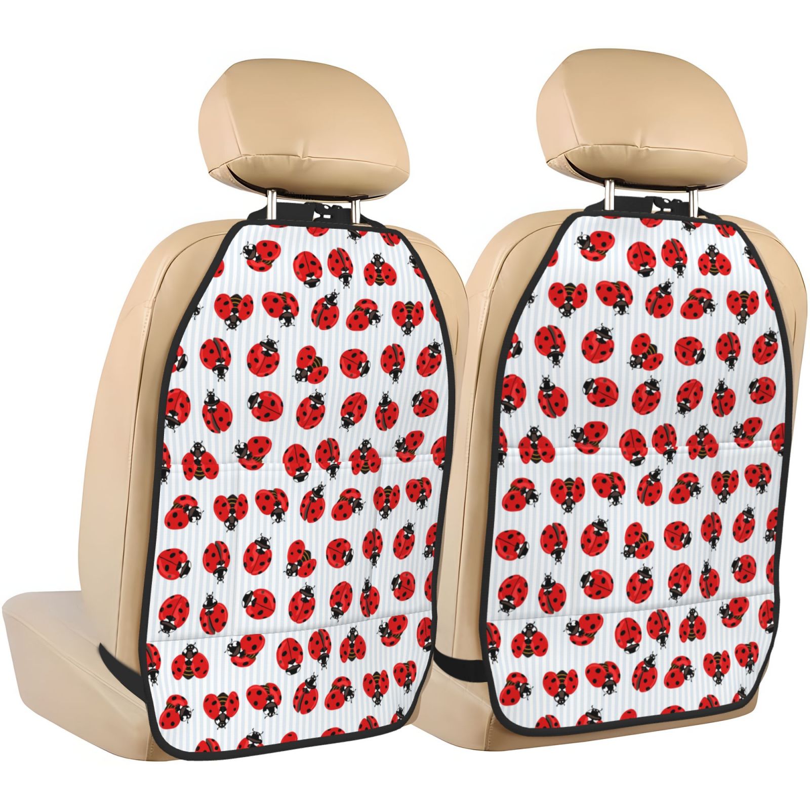 Naloa Ladybug On Blue Stripes 2Pcs Anti-Kick Back Seat Cover Kick Mat, Car Seat Protector with 3 Storage Pockets