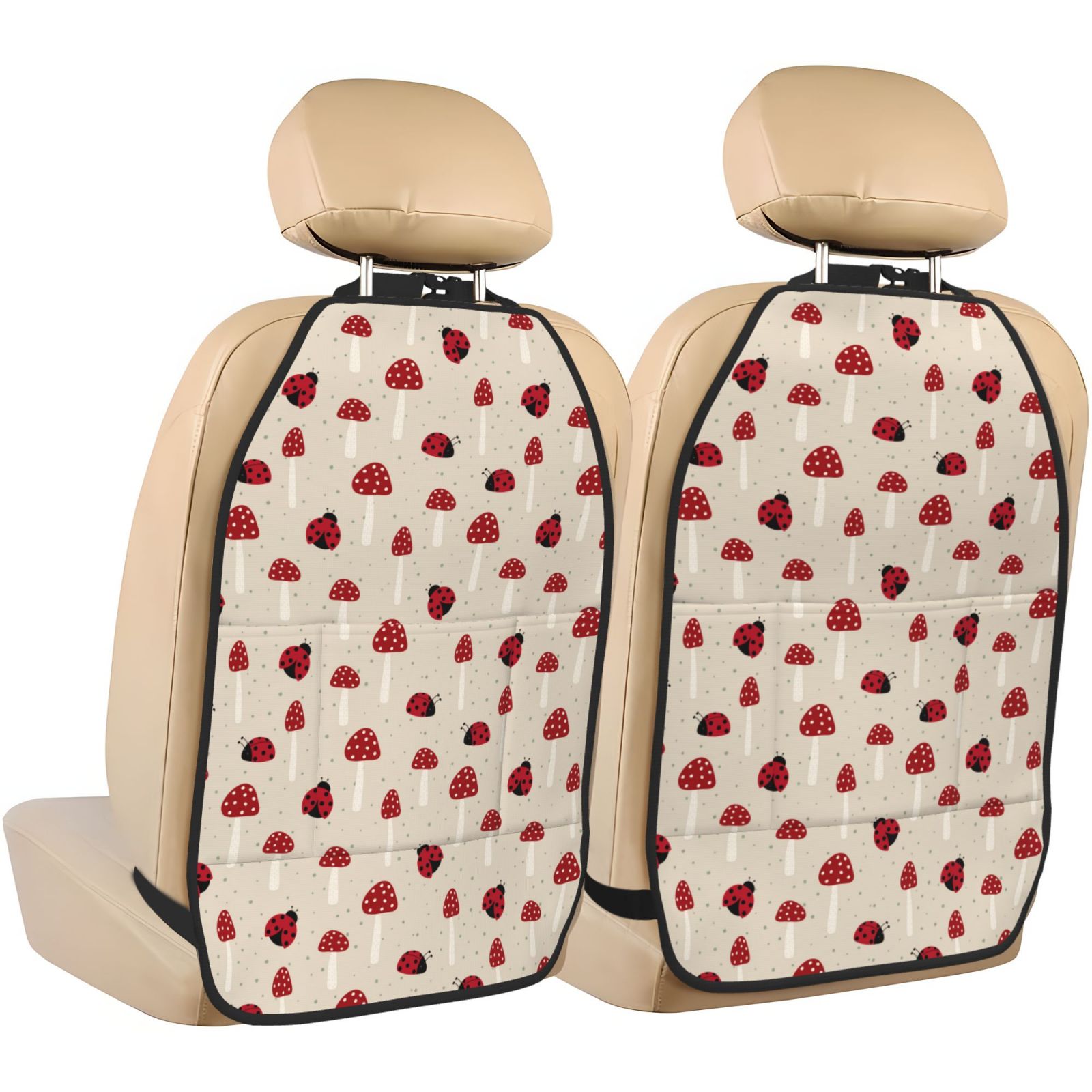 Naloa Ladybug With Mushroom 2Pcs Anti-Kick Back Seat Cover Kick Mat, Car Seat Protector with 3 Storage Pockets