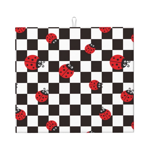 Naloa Ladybugs Of Black And White Checkers Dish Drying Mat for Kitchen Counter, Heat Resistant Drainer Mats, Absorbent Draining Mat,Dish Rack Pad,16"x18"