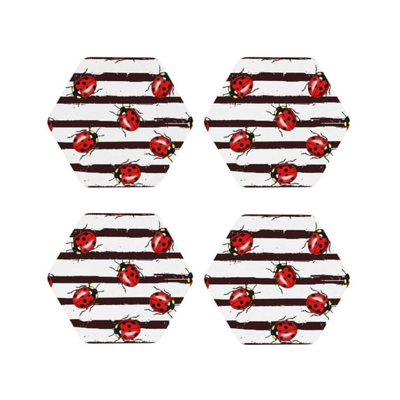 Naloa Ladybugs on Black and White Striped1 Leather Coasters for Drinks, Durable Drink Coasters 4 Set for Tabletop Protection, Luxurious Home Décor and Housewarming Gift ( {designName})Hexagon