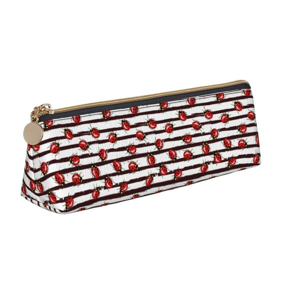 Naloa Ladybugs on Black and White Striped1 Print Leather Pencil Case - Portable Big Capacity Pencil Pouch Organizer Bag Stationery Bag for Work & Office Pencil Pen Case