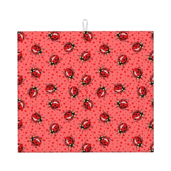 Naloa Ladybugs On Red Polka Dot Dish Drying Mat for Kitchen Counter, Heat Resistant Drainer Mats, Absorbent Draining Mat,Dish Rack Pad,16"x18"