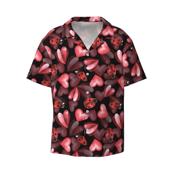 Naloa Ladybugs and Red Hearts Men's Loose Fit Cuban Collar Short-Sleeve Shirt with Button-down and Chest Pocket for Everyday Wear Outings - Medium