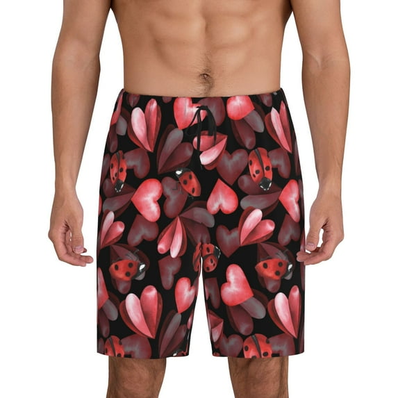 Naloa Ladybugs and Red Hearts Men's Short Pajama Pants, Lounge Comfort Shorts with Elasticized Waistband and Side Pockets - 3X-Large