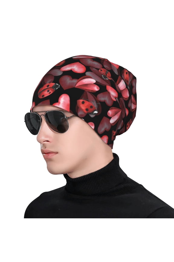 Ladybugs and Red Hearts Soft Beanie Hat, Knit Beanie Daily Beanie in Fine Knit for Women Men Winter Travel, Outdoor
