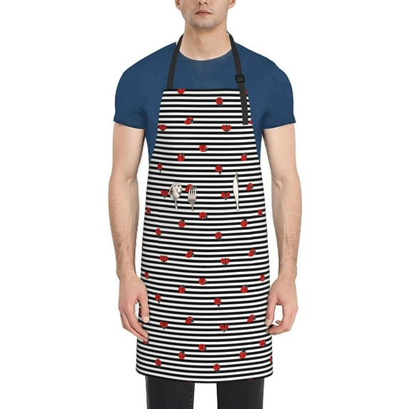 Naloa Ladybugs on Black and White Striped Apron Kitchen Aprons with Pockets for Women Men Chef