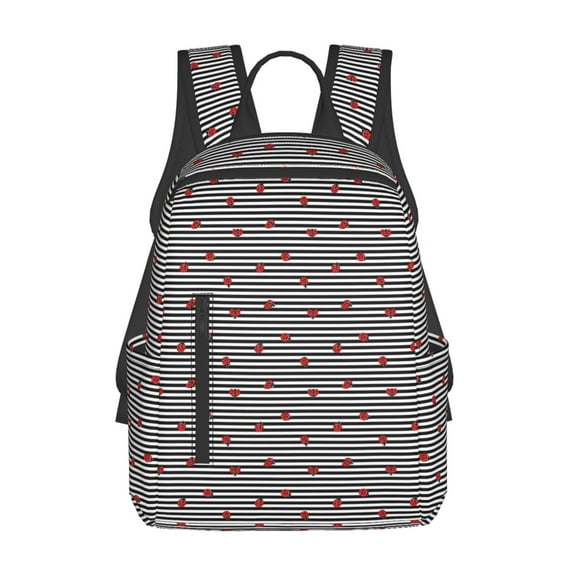 Naloa Ladybugs on Black and White Striped Print Lightweight DayBackpack Suitable for school, work, shopping, travel, etc.