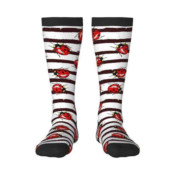 Naloa Ladybugs on Black and White Striped1 Thigh High Socks Extra Long Stretchy Sock Women Over Knee High Opaque Stocking Daily Wear